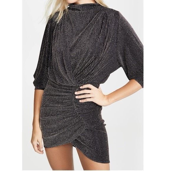 IRO Women’s Black Silver Metallic Striped Absalon Ruched Mock Neck Dress Size 44 - Picture 3 of 8